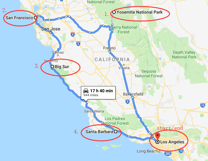 San Francisco to Los Angeles road trip map