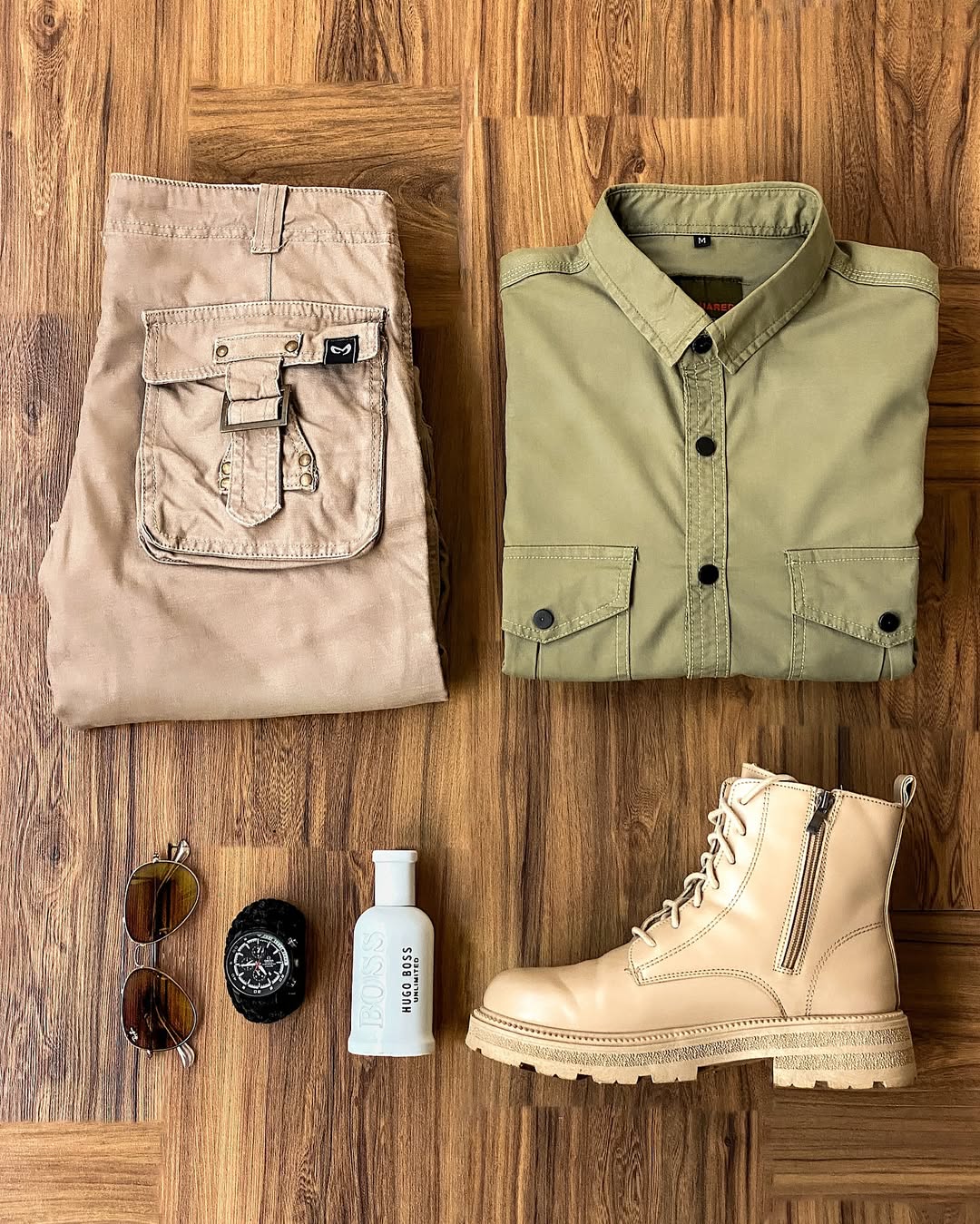 Comfy neutral pants and shirt with shades and sturdy shoes