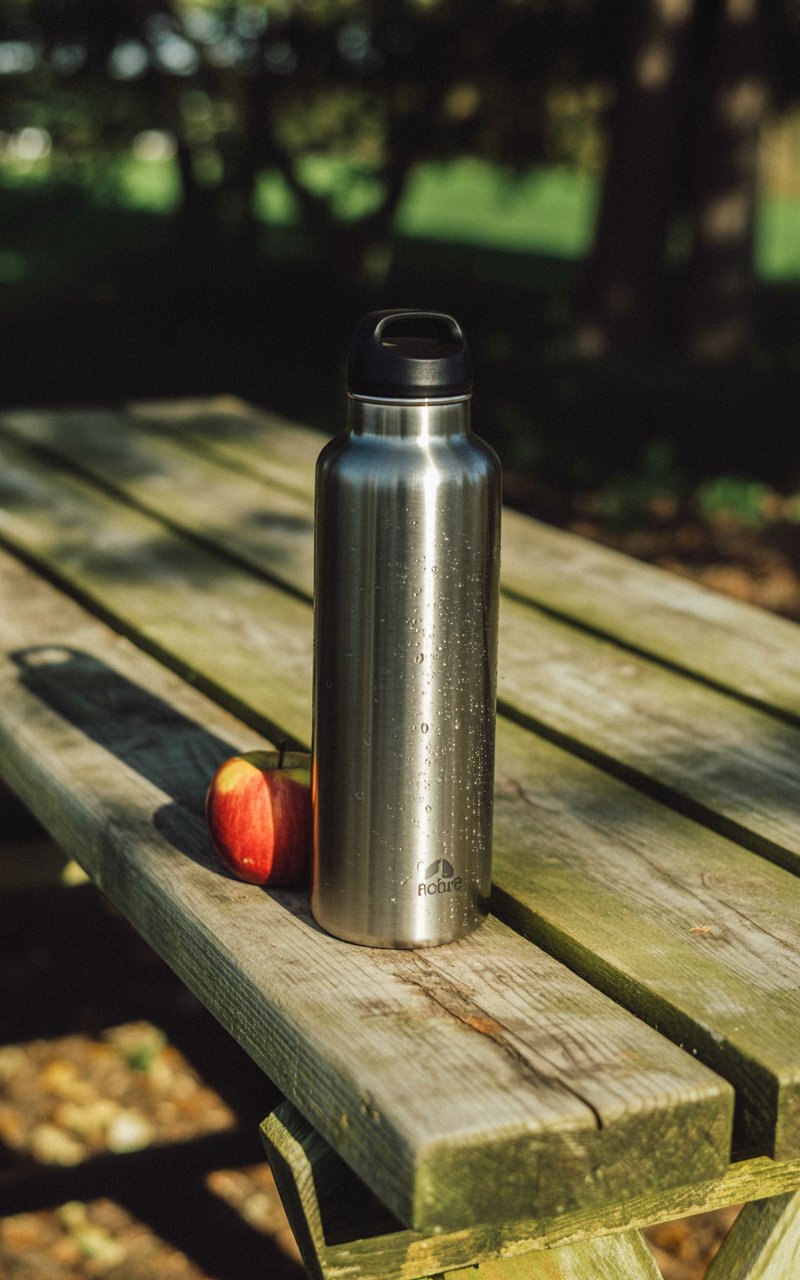 Reusable water bottle and apple