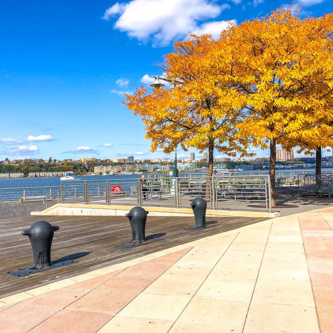 Pier 84 with burning leaves in Fall, NYC