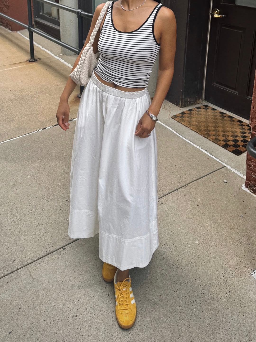 Linen top, midi skirt and comfy shoes