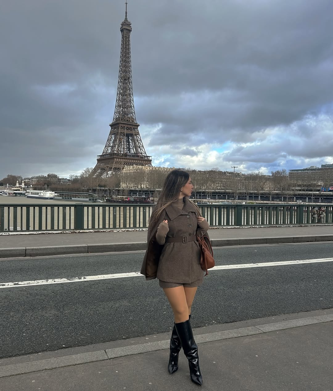 Belted mini coat with tall boots